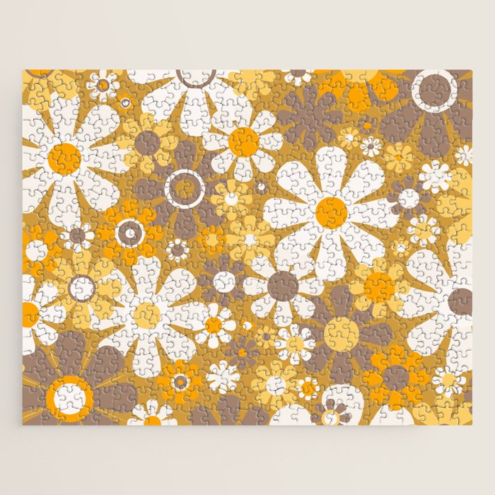 Retro Garden Flowers Groovy 60s 70s Floral Pattern in Ochre Yellow Orange Jigsaw Puzzle Gallery Image 1