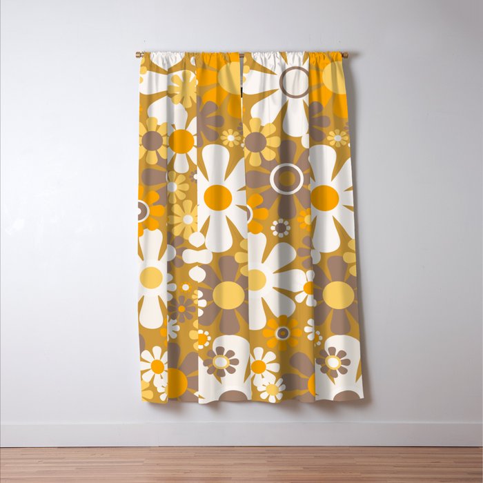 Retro Garden Flowers Groovy 60s 70s Floral Pattern in Ochre Yellow Orange Window Curtain Gallery Image 3