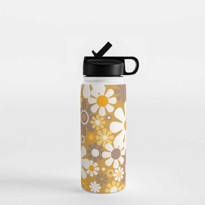 Retro Garden Flowers Groovy 60s 70s Floral Pattern in Ochre Yellow Orange Water Bottle Gallery Image 1