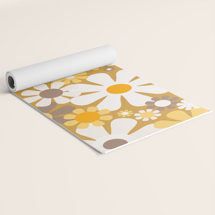 Retro Garden Flowers Groovy 60s 70s Floral Pattern in Ochre Yellow Orange Yoga Mat Gallery Image 2