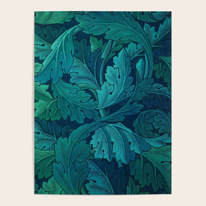 William Morris Acanthus Peacock Teal Vintage Pattern Poster Gallery Image 1