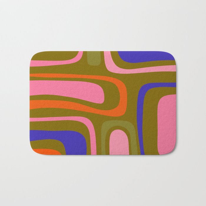 Palm Springs Retro Mid Century Modern Colorful Abstract Pattern Olive Khaki Green Pink Blue Orange Bath Mat Gallery Image 1