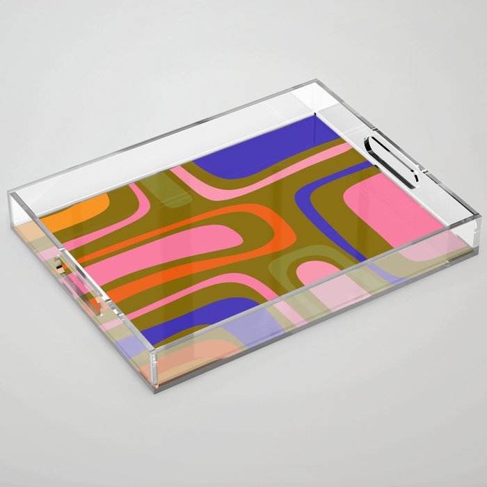 Palm Springs Retro Mid Century Modern Colorful Abstract Pattern Olive Khaki Green Pink Blue Orange Acrylic Tray Gallery Image 1