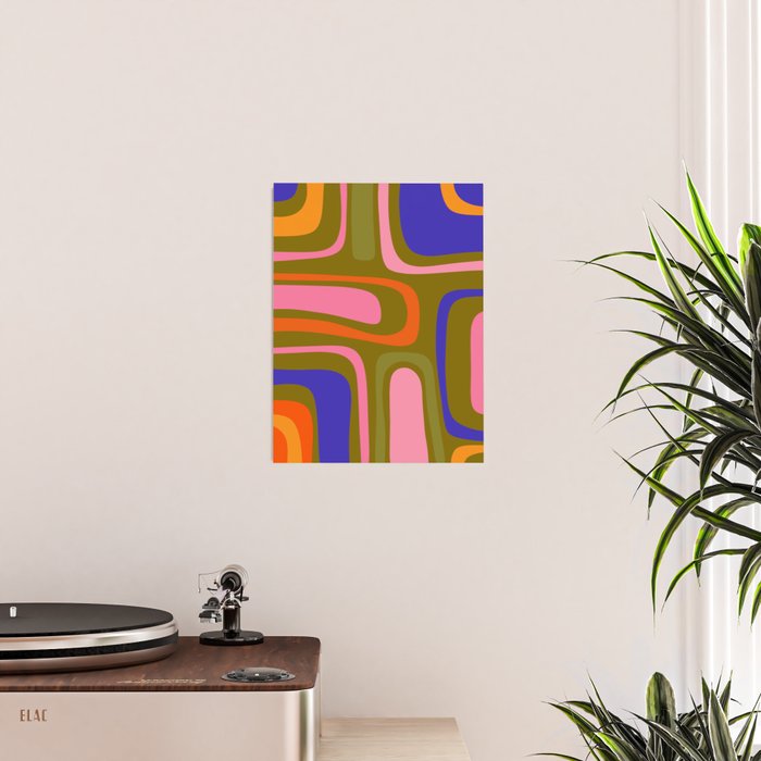 Palm Springs Retro Mid Century Modern Colorful Abstract Pattern Olive Khaki Green Pink Blue Orange Poster Gallery Image 2