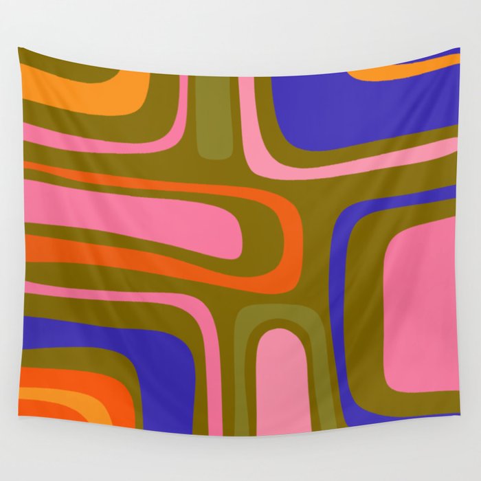 Palm Springs Retro Mid Century Modern Colorful Abstract Pattern Olive Khaki Green Pink Blue Orange Wall Tapestry Gallery Image 4