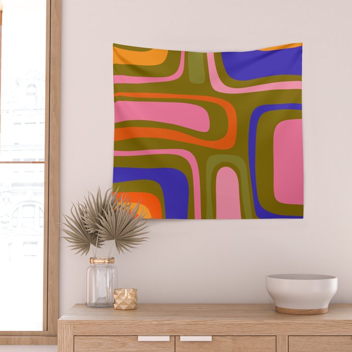 Palm Springs Retro Mid Century Modern Colorful Abstract Pattern Olive Khaki Green Pink Blue Orange Wall Tapestry Gallery Image 2