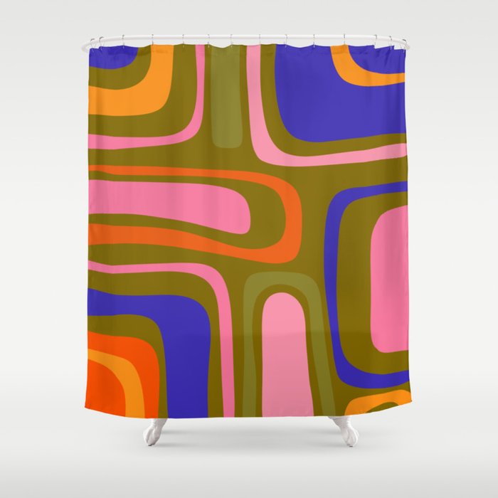Palm Springs Retro Mid Century Modern Colorful Abstract Pattern Olive Khaki Green Pink Blue Orange Shower Curtain Gallery Image 1