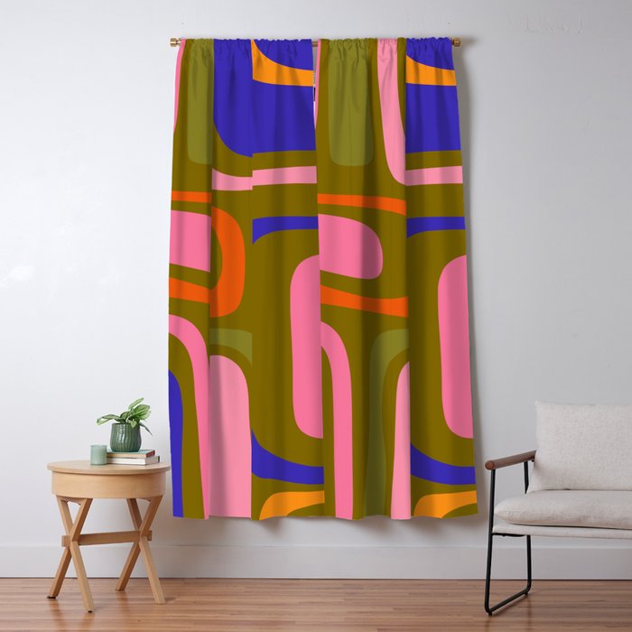 Palm Springs Retro Mid Century Modern Colorful Abstract Pattern Olive Khaki Green Pink Blue Orange Window Curtain Gallery Image 1