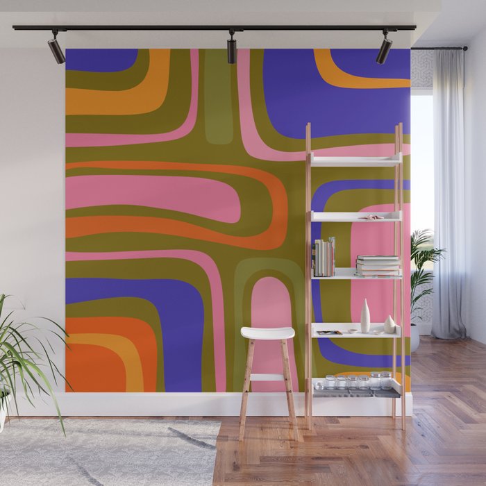 Palm Springs Retro Mid Century Modern Colorful Abstract Pattern Olive Khaki Green Pink Blue Orange Wall Mural Gallery Image 1