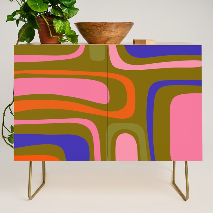 Palm Springs Retro Mid Century Modern Colorful Abstract Pattern Olive Khaki Green Pink Blue Orange Credenza Gallery Image 1