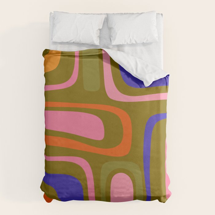 Palm Springs Retro Mid Century Modern Colorful Abstract Pattern Olive Khaki Green Pink Blue Orange Duvet Cover Gallery Image 6