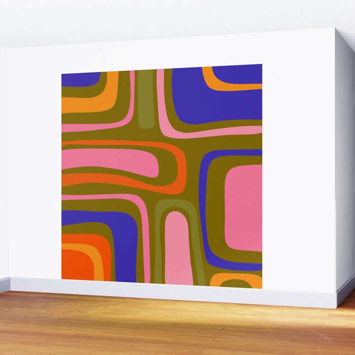 Palm Springs Retro Mid Century Modern Colorful Abstract Pattern Olive Khaki Green Pink Blue Orange Wall Mural Gallery Image 2