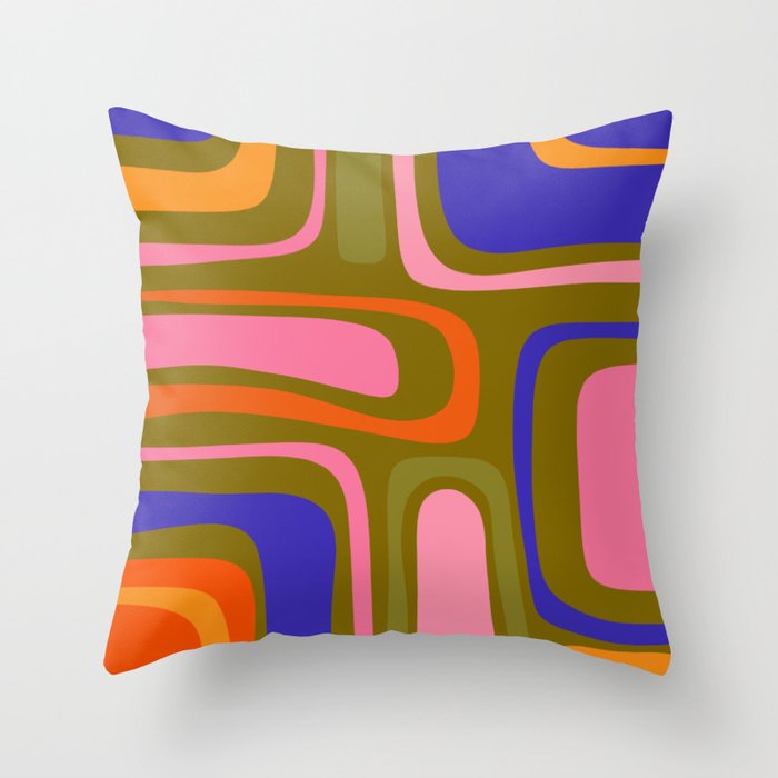 Palm Springs Retro Mid Century Modern Colorful Abstract Pattern Olive Khaki Green Pink Blue Orange Throw Pillow Gallery Image 1