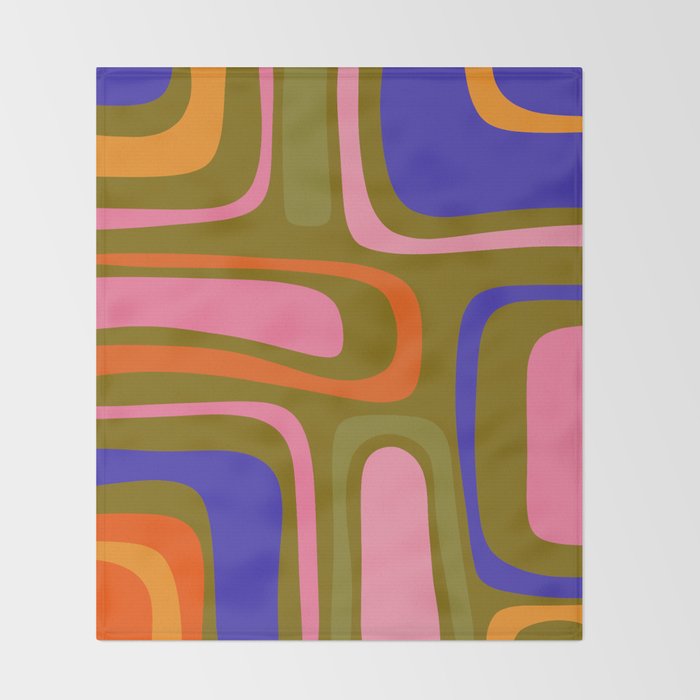 Palm Springs Retro Mid Century Modern Colorful Abstract Pattern Olive Khaki Green Pink Blue Orange Throw Blanket Gallery Image 2