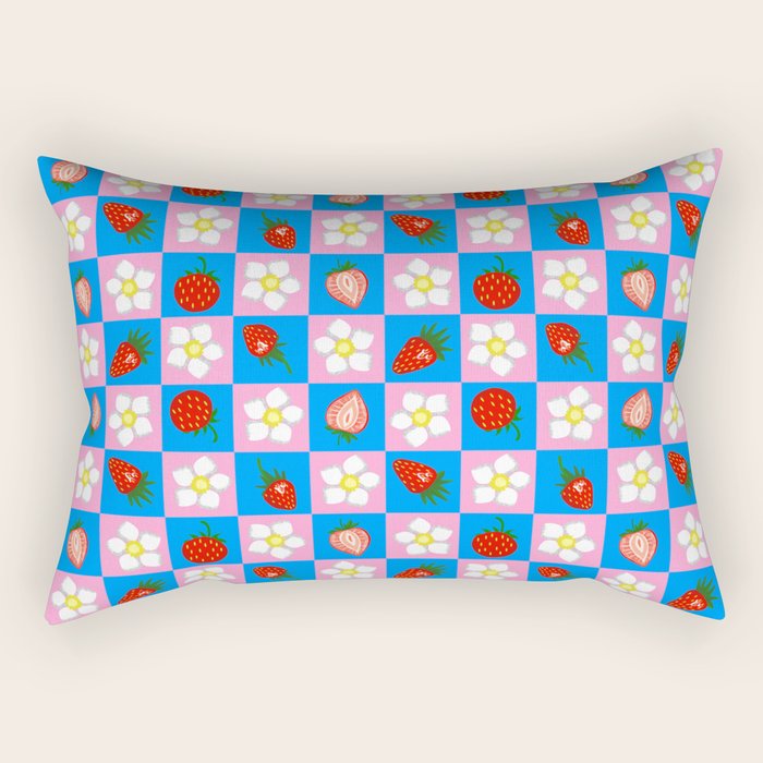 Strawberry Checkerboard - Blue And Pink Rectangular Pillow Gallery Image 2
