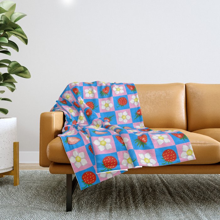 Strawberry Checkerboard - Blue And Pink Throw Blanket Gallery Image 1