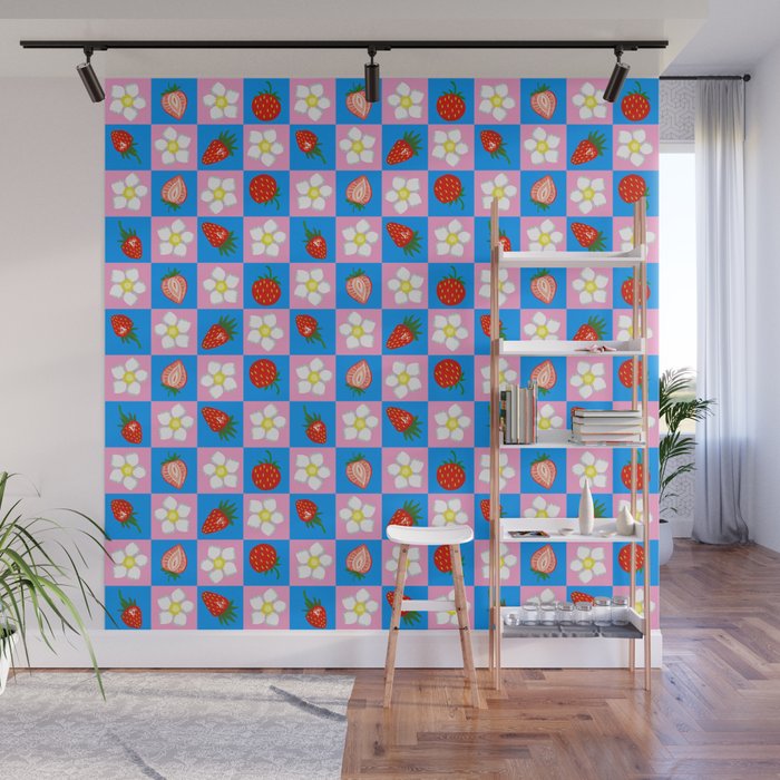 Strawberry Checkerboard - Blue And Pink Wall Mural Gallery Image 1