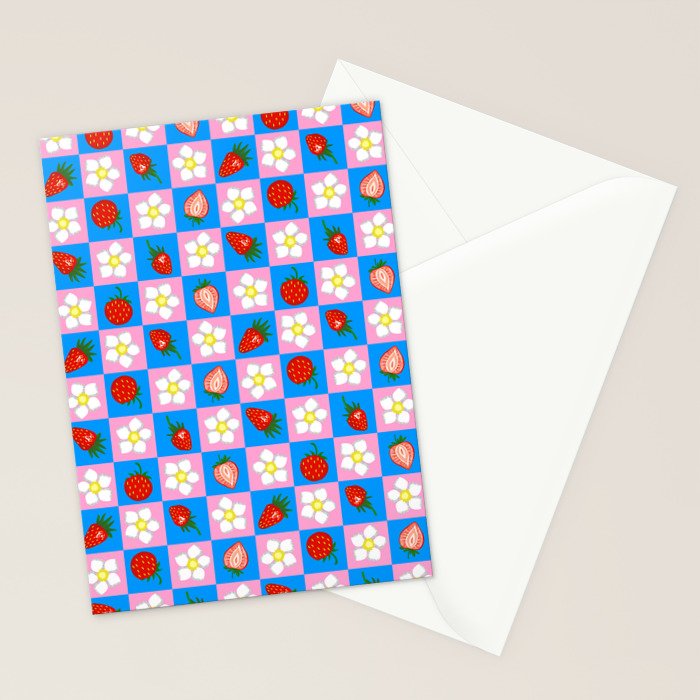 Strawberry Checkerboard - Blue And Pink Stationery Card Gallery Image 2