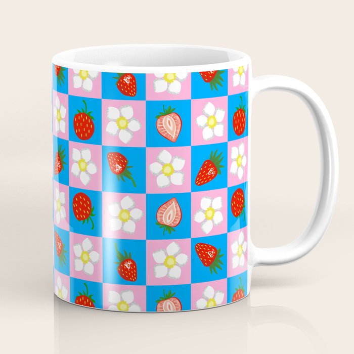 Strawberry Checkerboard - Blue And Pink Coffee Mug Gallery Image 1
