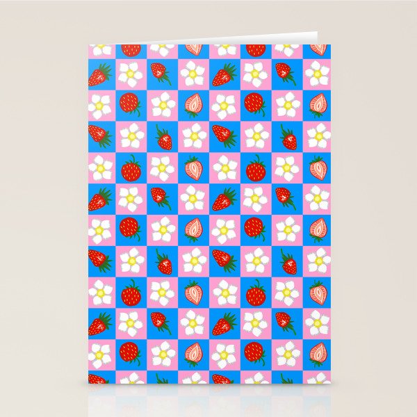 Strawberry Checkerboard - Blue And Pink Stationery Card Gallery Image 1
