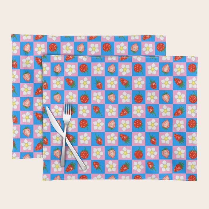 Strawberry Checkerboard - Blue And Pink Placemat Gallery Image 1