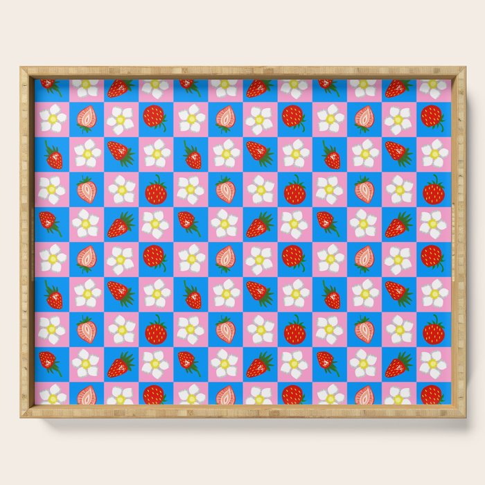 Strawberry Checkerboard - Blue And Pink Serving Tray Gallery Image 1