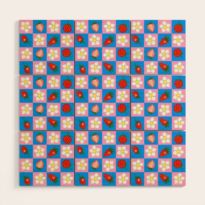 Strawberry Checkerboard - Blue And Pink Wood Wall Art Gallery Image 1