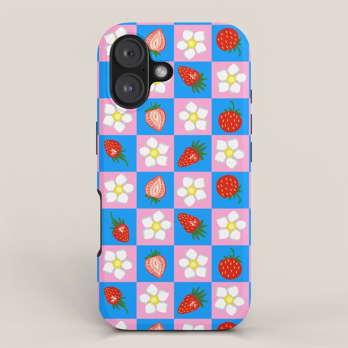 Strawberry Checkerboard - Blue And Pink iPhone Case Gallery Image 1