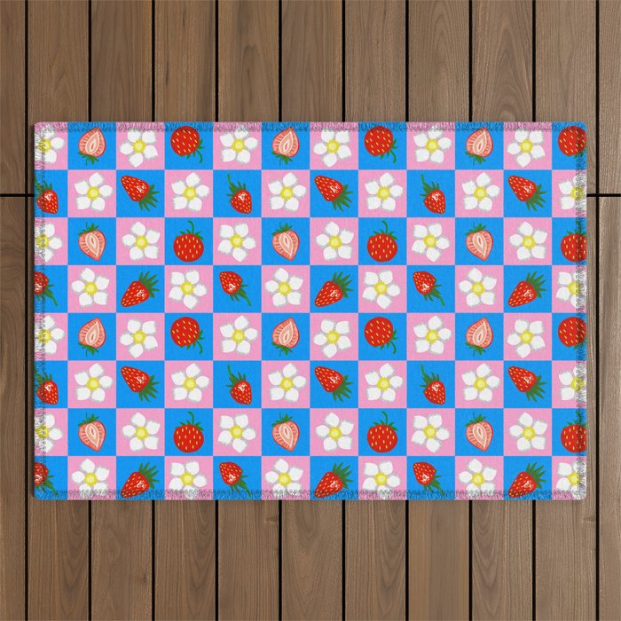 Strawberry Checkerboard - Blue And Pink Outdoor Rug Gallery Image 1