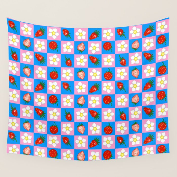 Strawberry Checkerboard - Blue And Pink Wall Tapestry Gallery Image 1