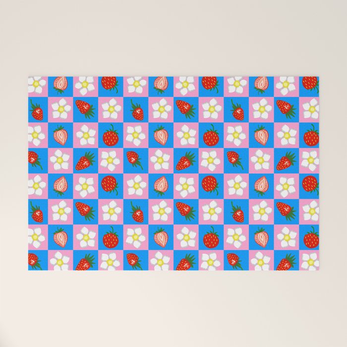 Strawberry Checkerboard - Blue And Pink Welcome Mat Gallery Image 1