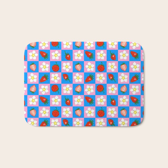 Strawberry Checkerboard - Blue And Pink Bath Mat Gallery Image 1