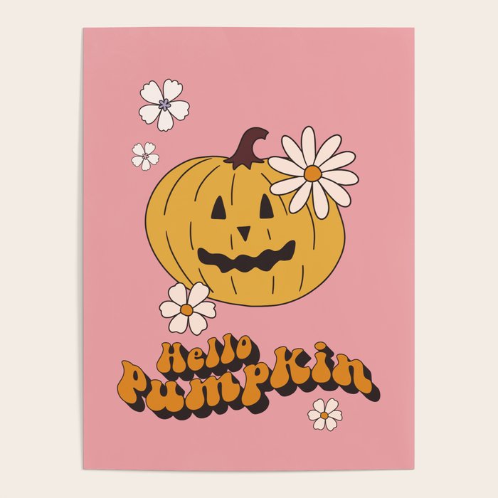 Hello Pumpkin Retro Pink Floral Print Poster Gallery Image 1