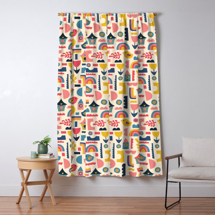 Scandinavian Birds Flowers Rainbows Kids Pattern Window Curtain Gallery Image 1