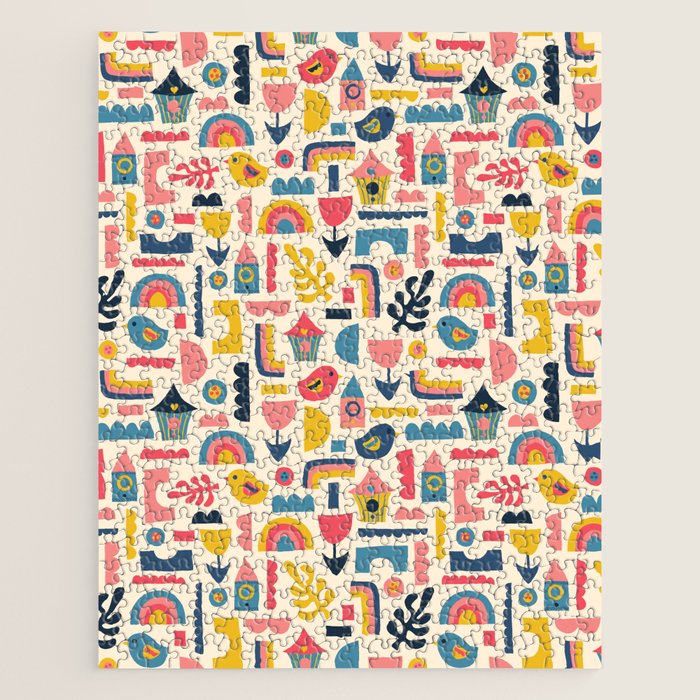 Scandinavian Birds Flowers Rainbows Kids Pattern Jigsaw Puzzle Gallery Image 1
