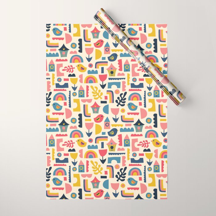 Scandinavian Birds Flowers Rainbows Kids Pattern Wrapping Paper Gallery Image 1