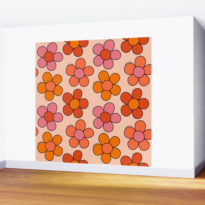 Groovy Flowers Print in Pink Wall Mural Gallery Image 2