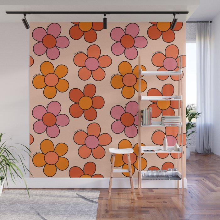Groovy Flowers Print in Pink Wall Mural Gallery Image 1