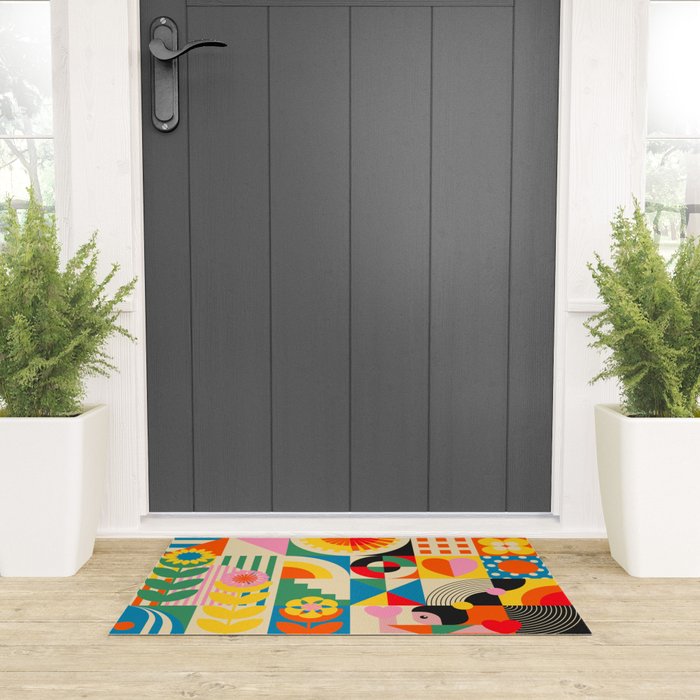 Happy Dancing Girl in Geometric Landscapes Welcome Mat Gallery Image 3