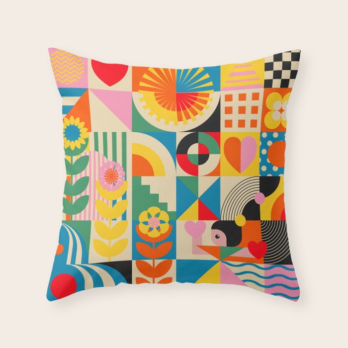 Happy Dancing Girl in Geometric Landscapes Throw Pillow Gallery Image 6