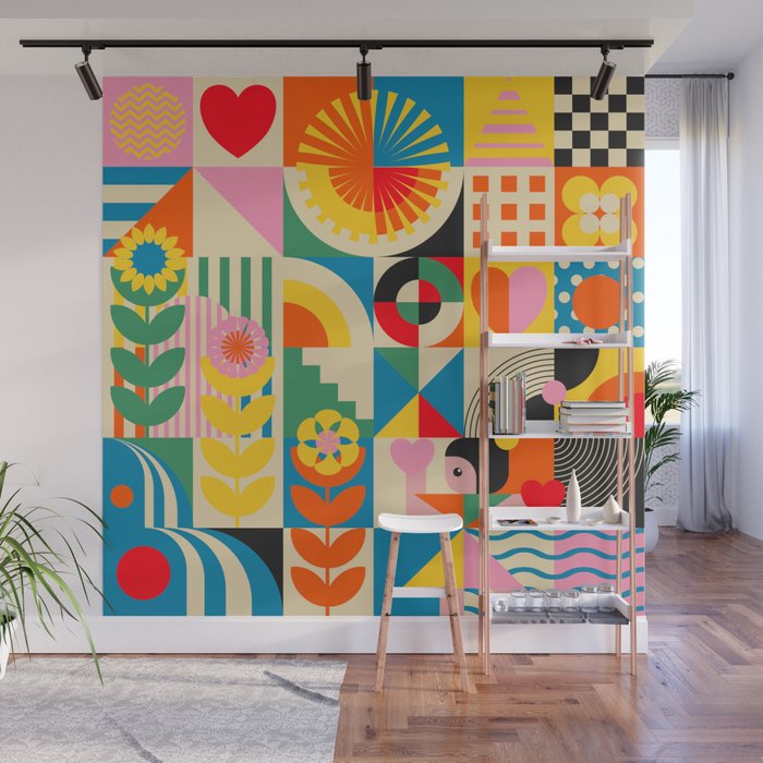 Happy Dancing Girl in Geometric Landscapes Wall Mural Gallery Image 1