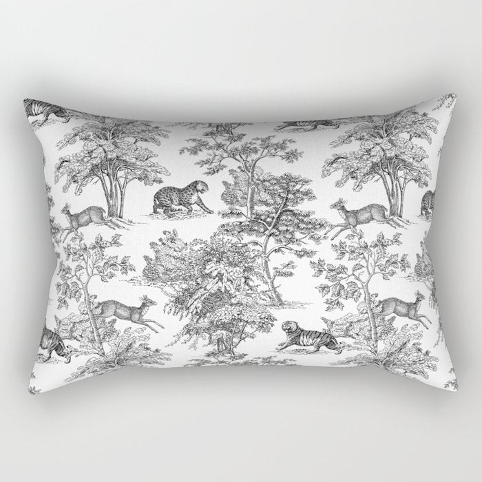 Toile de Jouy Vintage French Exotic Jungle Black & White Rectangular Pillow Gallery Image 1