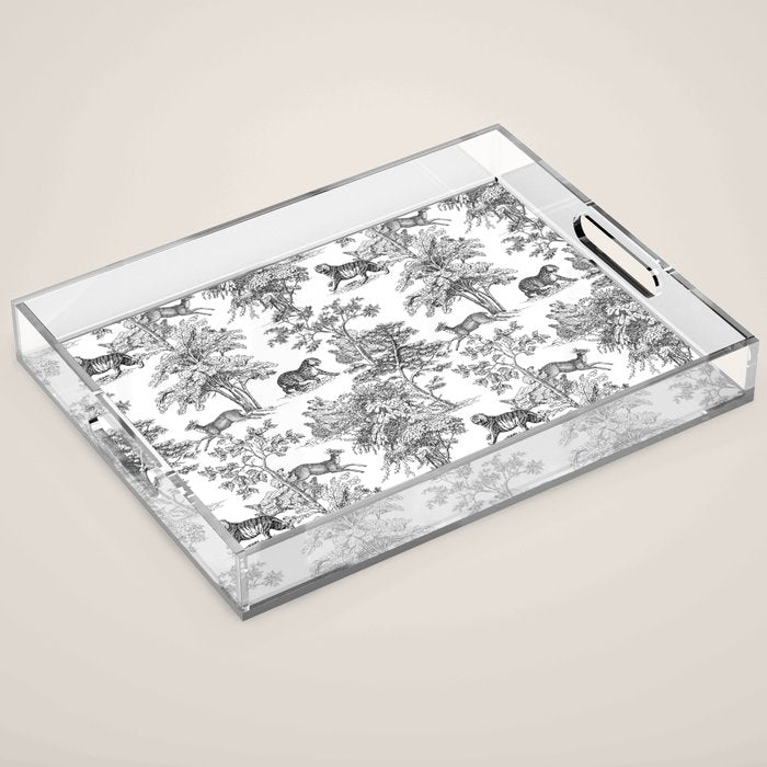 Toile de Jouy Vintage French Exotic Jungle Black & White Acrylic Tray Gallery Image 1
