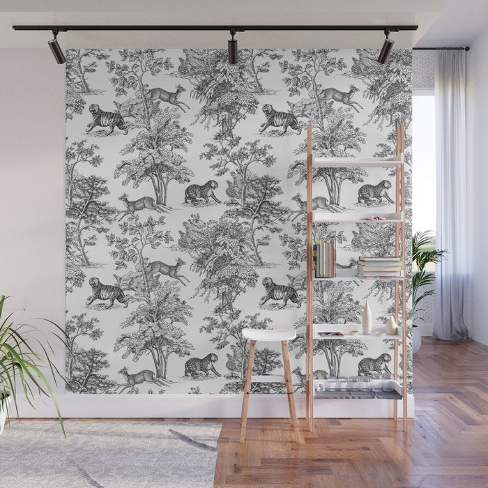 Toile de Jouy Vintage French Exotic Jungle Black & White Wall Mural Gallery Image 1