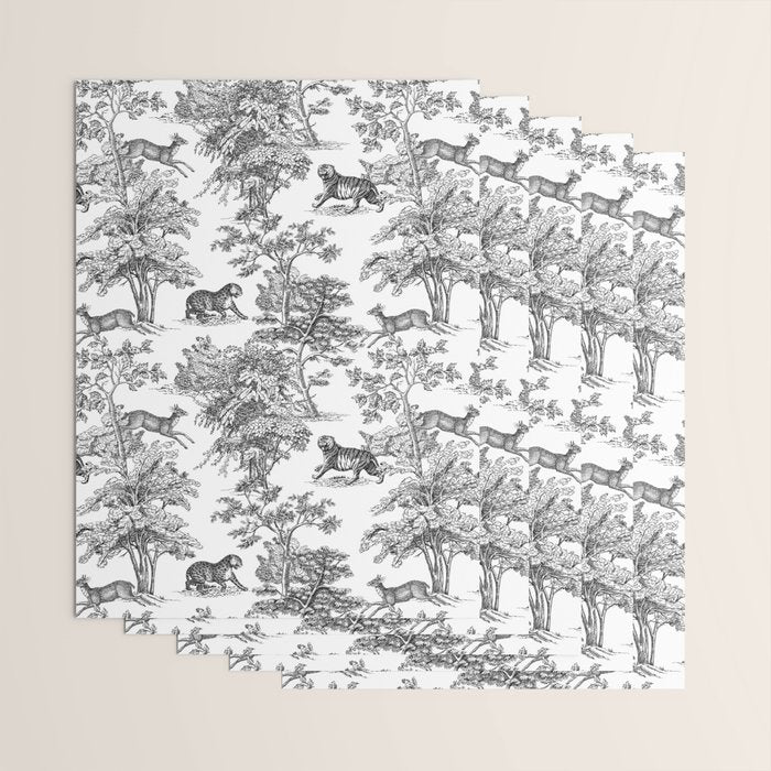 Toile de Jouy Vintage French Exotic Jungle Black & White Wrapping Paper Gallery Image 3