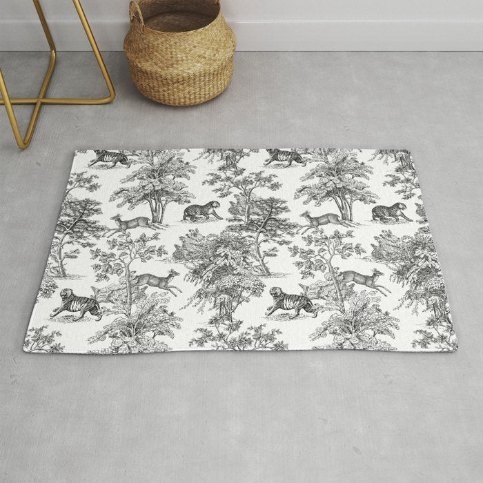 Toile de Jouy Vintage French Exotic Jungle Black & White Rug Gallery Image 1