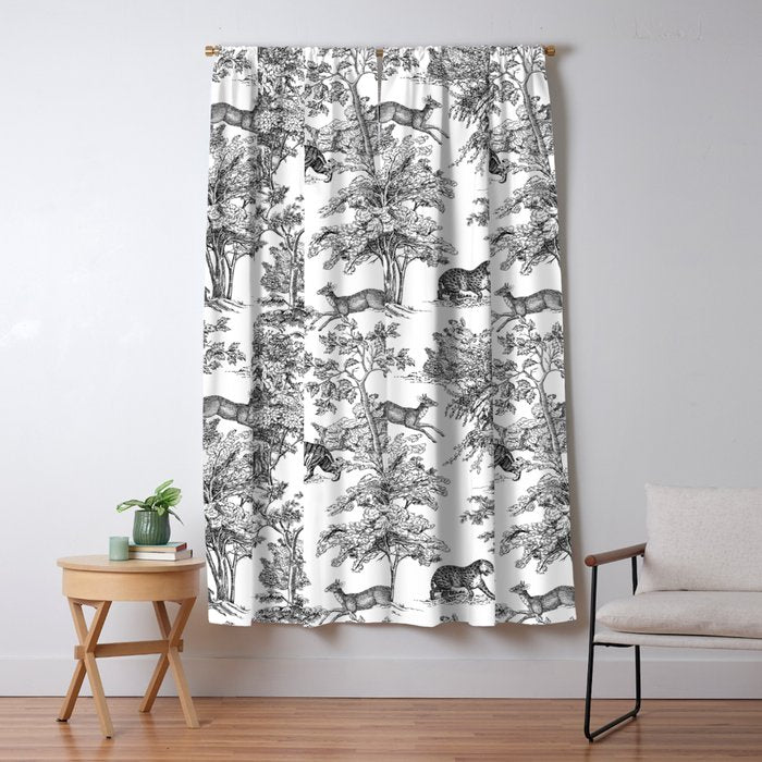 Toile de Jouy Vintage French Exotic Jungle Black & White Window Curtain Gallery Image 1
