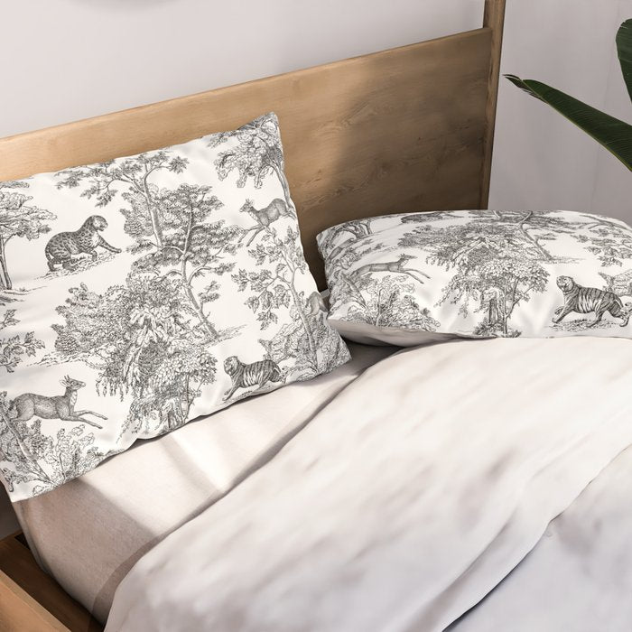 Toile de Jouy Vintage French Exotic Jungle Black & White Pillow Sham Gallery Image 2