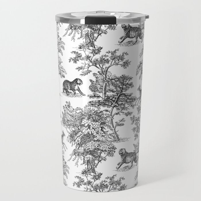 Toile de Jouy Vintage French Exotic Jungle Black & White Travel Mug Gallery Image 1