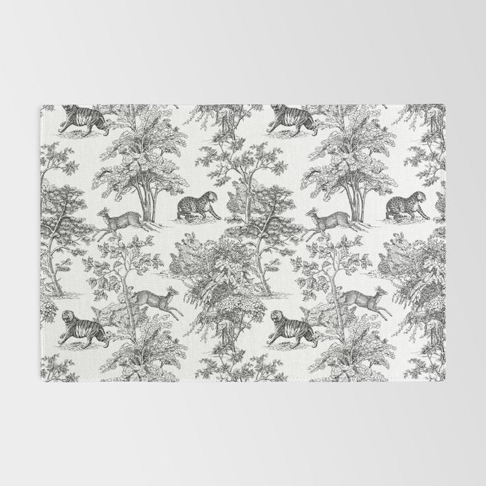 Toile de Jouy Vintage French Exotic Jungle Black & White Rug Gallery Image 2